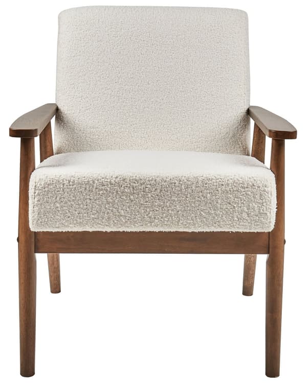Lenestol Off-white Bouclé Polyester Ramme og armlener i mørkt tre Retro design Hvilestol Stue