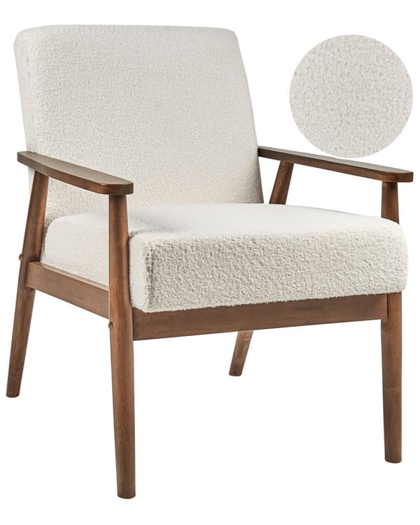 Lenestol Off-white Bouclé Polyester Ramme og armlener i mørkt tre Retro design Hvilestol Stue