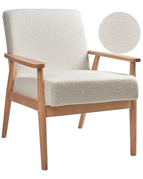 Lenestol Off-white Bouclé Polyester Ramme og armlener i lyst tre Retro design Hvilestol Stue