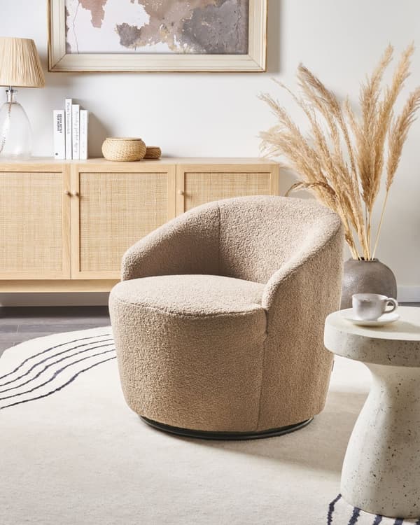Lenestol Taupe Boucléstoff Svart base Svingbar 360-graders rotasjon Retro Glam Hvilestol Stue Soverom