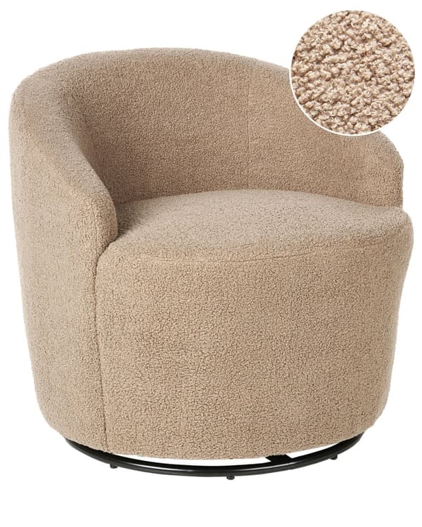 Lenestol Taupe Boucléstoff Svart base Svingbar 360-graders rotasjon Retro Glam Hvilestol Stue Soverom