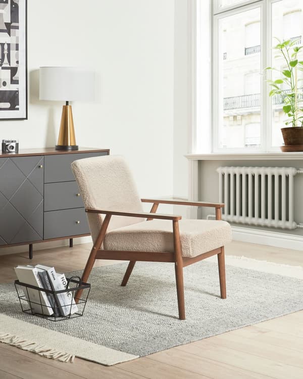 Fåtölj Beige Boucléklädsel Retro Design Mörk Träram Armstöd Vardagsrum