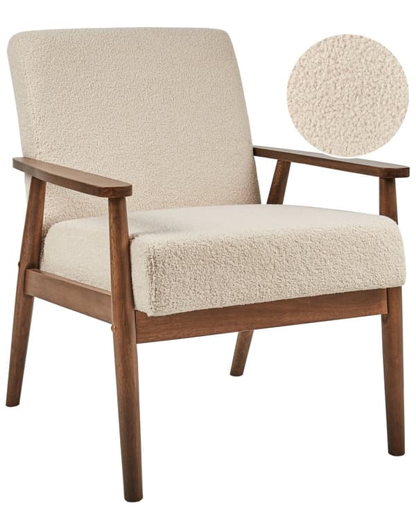 Fåtölj Beige Boucléklädsel Retro Design Mörk Träram Armstöd Vardagsrum