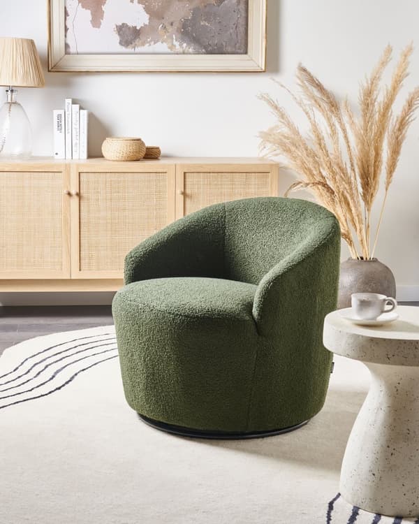 Fåtölj Grön Boucle Tyg Mjukt Nubby Svart Bas Svängbar 360° Retro Glam Art Decor Stil