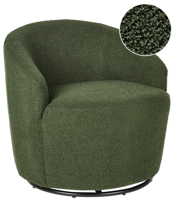 Fåtölj Grön Boucle Tyg Mjukt Nubby Svart Bas Svängbar 360° Retro Glam Art Decor Stil