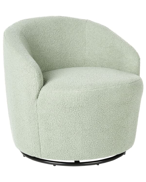 Lysegrøn boucle cocktail lænestol sort drejelig base glam retro lammeskind polstring