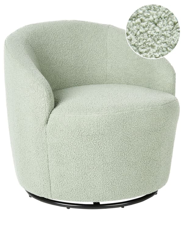 Lysegrøn boucle cocktail lænestol sort drejelig base glam retro lammeskind polstring