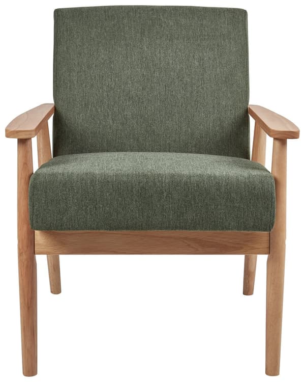 Lænestol grøn og hvid polstret polyester retrodesign lyse træben og armlæn stue