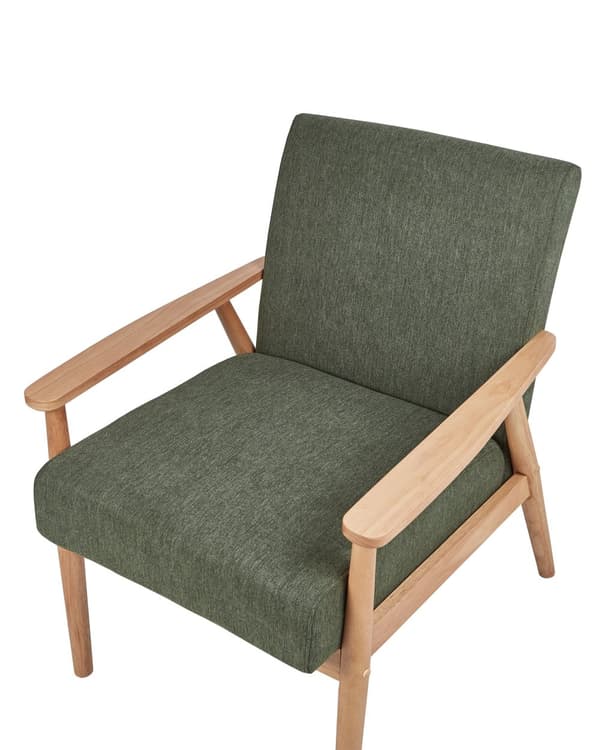 Lænestol grøn og hvid polstret polyester retrodesign lyse træben og armlæn stue