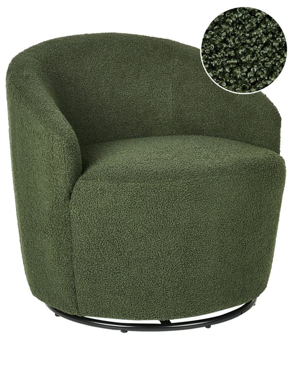Grøn boucle cocktail lænestol sort drejelig base glam retro lammeskind polstring