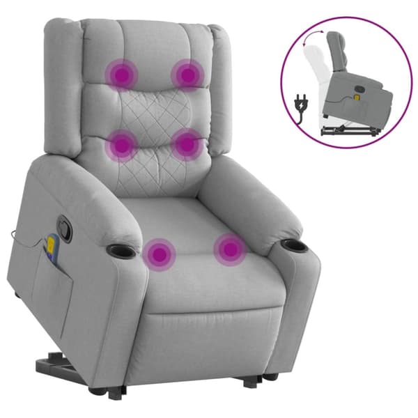 Massagefåtölj med uppresningshjälp ljusgrå tyg