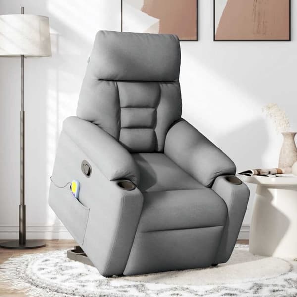 Massagefåtölj med uppresningshjälp ljusgrå tyg