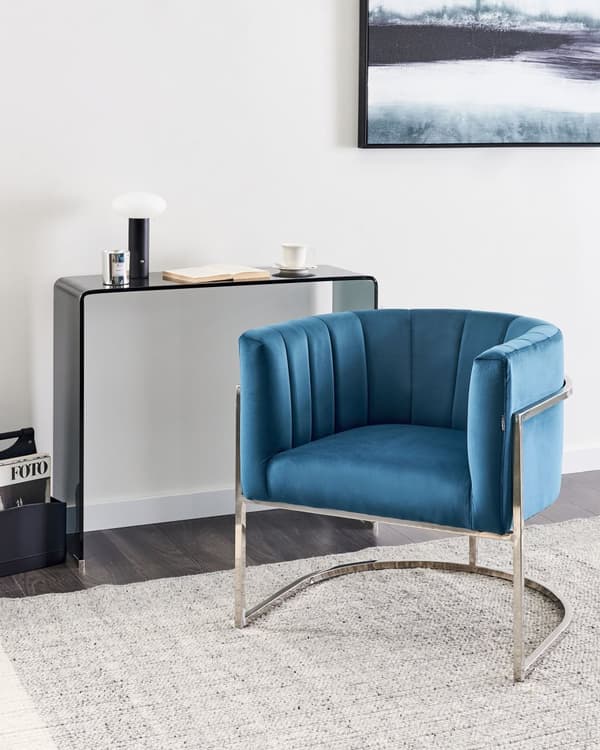 Lænestol Blå Velour Stuestol med Armlæn til Stuen Bred Klubstol med Rund Ryg Stol Blød Polstret Design Møbel