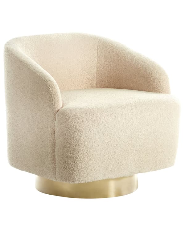 Lænestol Beige Boucle Stuestol med Armlæn til Stuen Bred Klubstol med Drejefunktion Stol Rund Ryg Blød Polstret Design Møbel