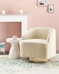 Miniatyrbillede 2 af 9: Lænestol Beige Boucle Stuestol med Armlæn til Stuen Bred Klubstol med Drejefunktion Stol Rund Ryg Blød Polstret Design Møbel