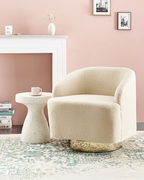 Lænestol Beige Boucle Stuestol med Armlæn til Stuen Bred Klubstol med Drejefunktion Stol Rund Ryg Blød Polstret Design Møbel