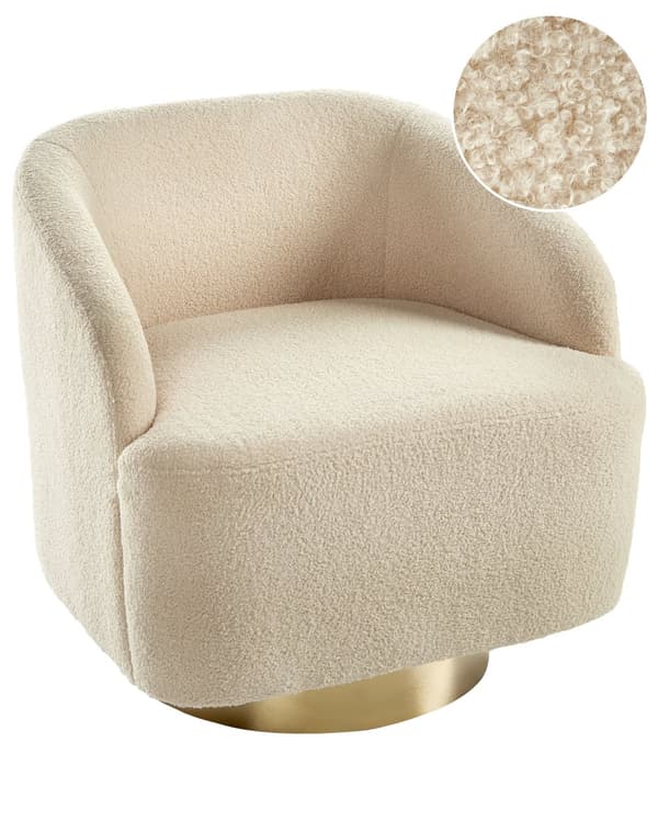 Lænestol Beige Boucle Stuestol med Armlæn til Stuen Bred Klubstol med Drejefunktion Stol Rund Ryg Blød Polstret Design Møbel