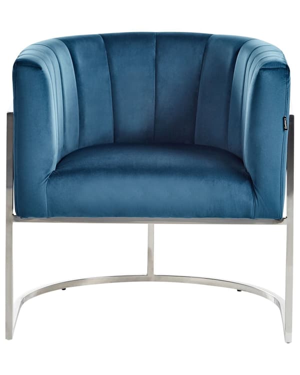 Lenestol Blå Fløyelsstoff Sølvfarget Metallramme Kamskjellrygg Glamour Stil
