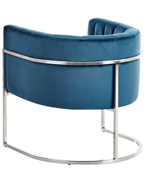 Lenestol Blå Fløyelsstoff Sølvfarget Metallramme Kamskjellrygg Glamour Stil