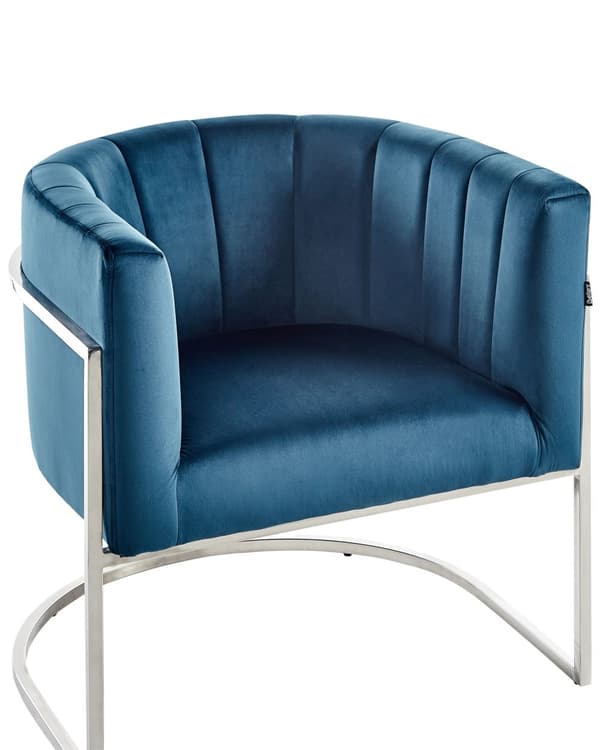 Lenestol Blå Fløyelsstoff Sølvfarget Metallramme Kamskjellrygg Glamour Stil