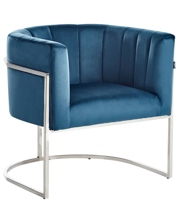 Lenestol Blå Fløyelsstoff Sølvfarget Metallramme Kamskjellrygg Glamour Stil