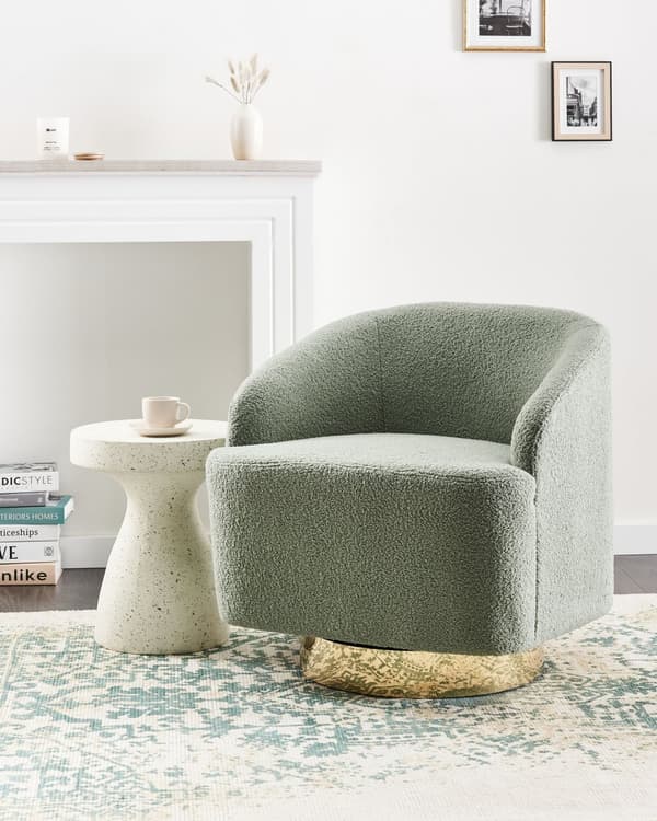 Lenestol Lysegrønt Bouclé-stoff Mykt Nubbet Gullunderstell Svingbar 360° Retro Glam Art Dekor Stil