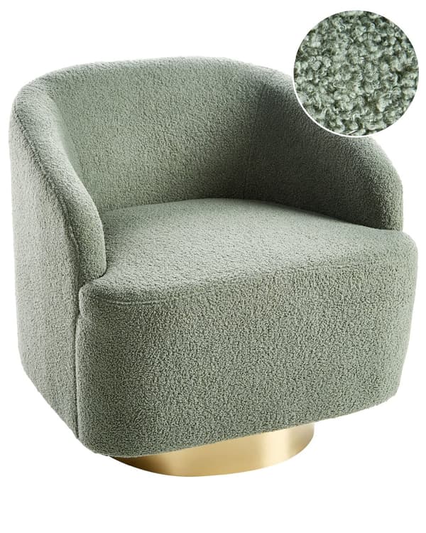 Lenestol Lysegrønt Bouclé-stoff Mykt Nubbet Gullunderstell Svingbar 360° Retro Glam Art Dekor Stil