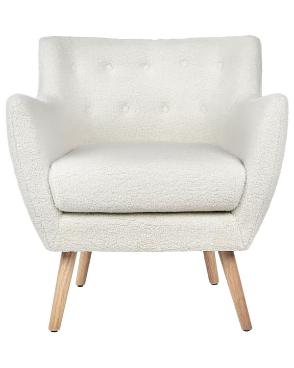 Lænestol Hvid Boucle Stuestol med Armlæn til Stuen Bred Hvilestol med Wingback Ryg Stol Plys Polstret Design Møbel