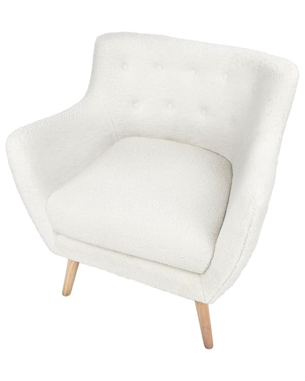 Lænestol Hvid Boucle Stuestol med Armlæn til Stuen Bred Hvilestol med Wingback Ryg Stol Plys Polstret Design Møbel