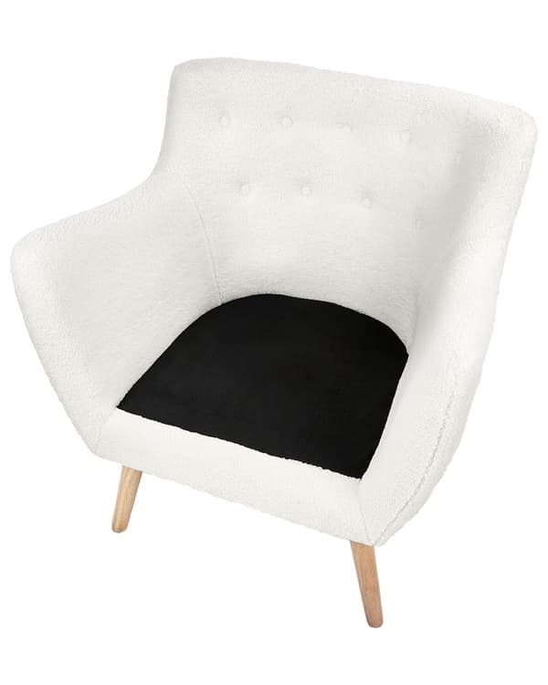 Lænestol Hvid Boucle Stuestol med Armlæn til Stuen Bred Hvilestol med Wingback Ryg Stol Plys Polstret Design Møbel