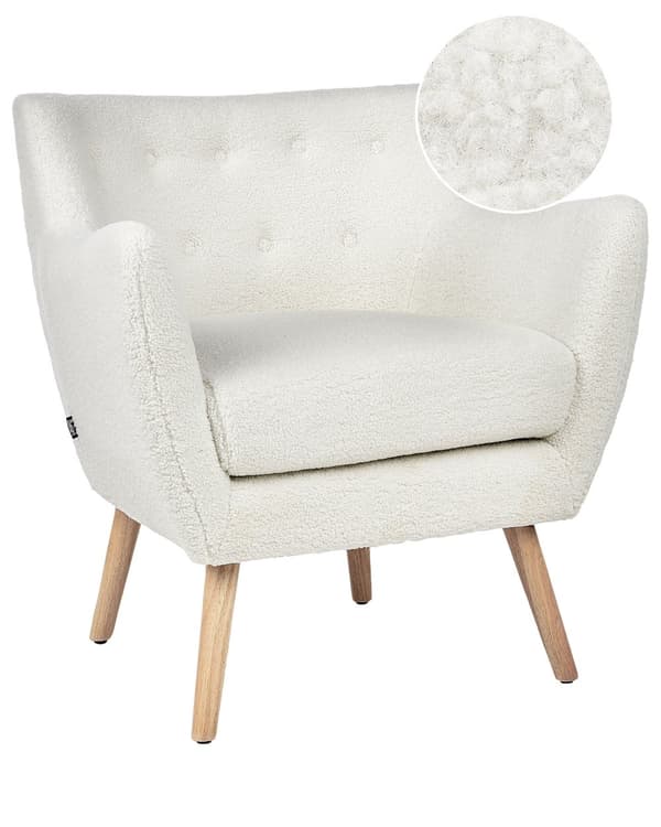 Lænestol Hvid Boucle Stuestol med Armlæn til Stuen Bred Hvilestol med Wingback Ryg Stol Plys Polstret Design Møbel