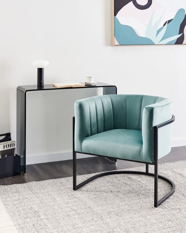 Fåtölj Mintgrön Sammet Metall Svart Ram Accent Stol Glamour Stil Vardagsrum Matsal