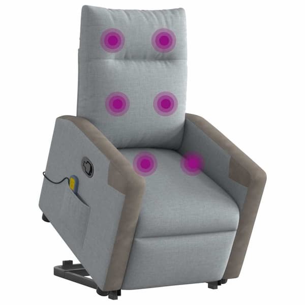 Massagefåtölj med uppresningshjälp ljusgrå tyg