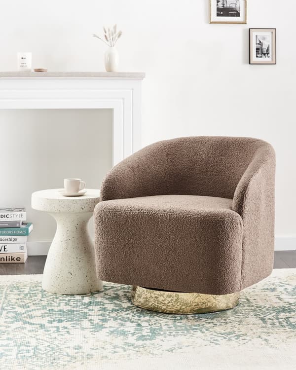 Fåtölj Brun Boucle Tyg Mjuk Nubby Guld Bas Svängbar 360° Retro Glam Art Decor Stil