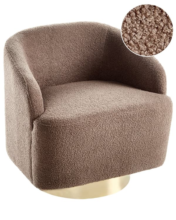 Fåtölj Brun Boucle Tyg Mjuk Nubby Guld Bas Svängbar 360° Retro Glam Art Decor Stil