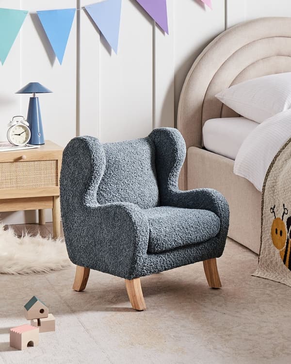 Barnfåtölj Mörkblå Boucléklädsel Armstöd Barnmöbler Sittmöbel Stol för Barn Modern Design Barnstol