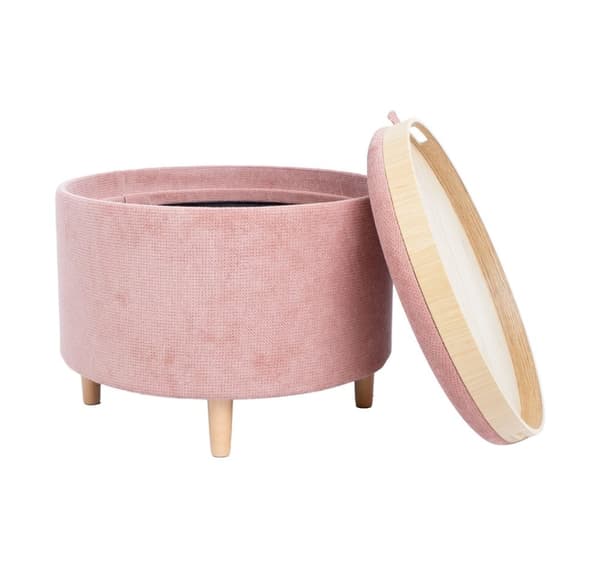 Ottoman/ bord HIRO D56xH42,5cm, rosa, med oppbevaring og brett