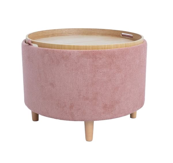 Ottoman/ bord HIRO D56xH42,5cm, rosa, med oppbevaring og brett