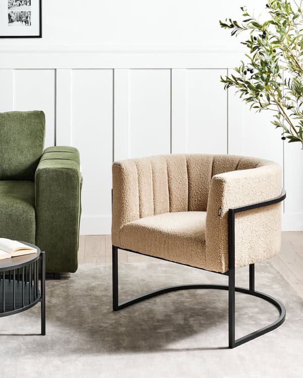 Lænestol Beige bouclé Sort metal Rund form Moderne design Stue Spisestue Lænestol