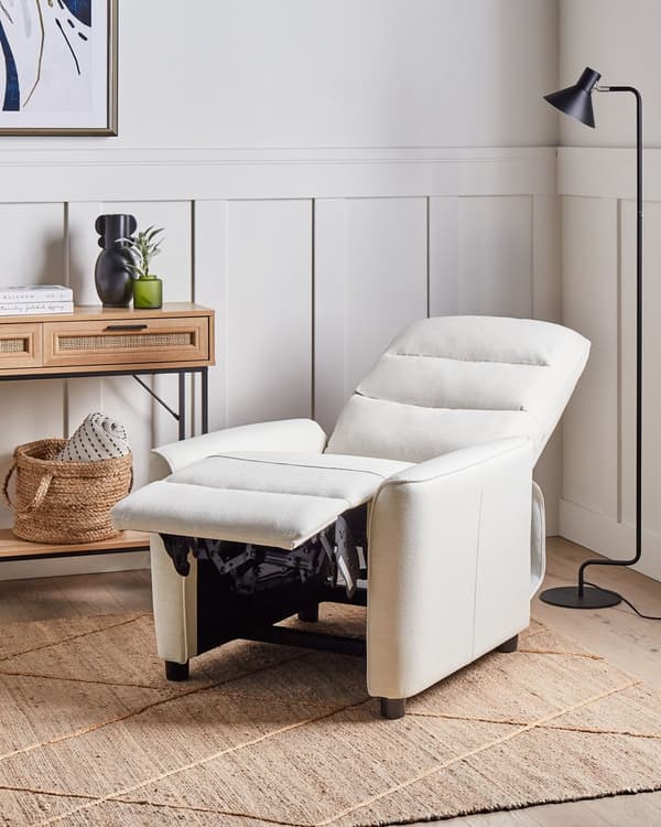 Hvilestol Hvid stofbeklædning Push-Back Manuelt justerbar ryg og fodstøtte Lænestol i retrodesign