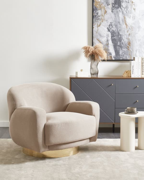 Lenestol Taupe Stoff Gullfarget understell Vannavvisende stoff Retro og glamorøs stil Hvilestol Stue