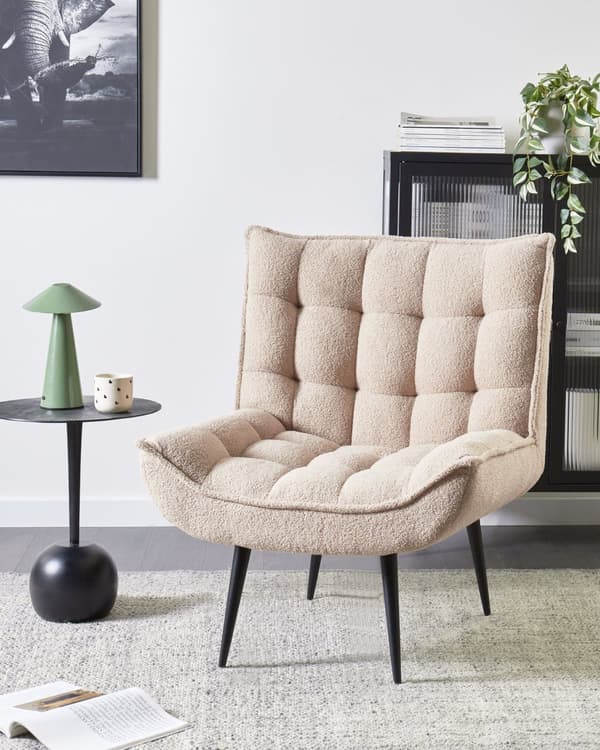 Lenestol Boucle Beige Svarte Metallben Uten Armlener Moderne Design Hvilestol Stue Soverom