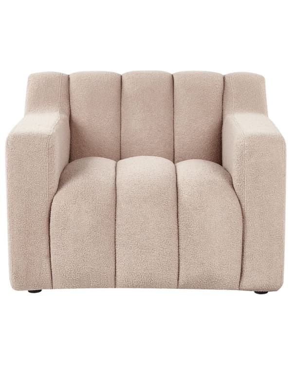 Lænestol beige polstret boucle-lænestol med ryghynder i moderne designstil lounge-stol