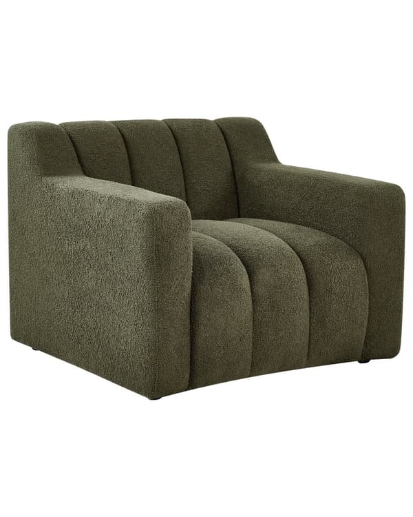 Lænestol mørkegrøn polstret boucle-lænestol med ryghynder i moderne designstil lounge-stol