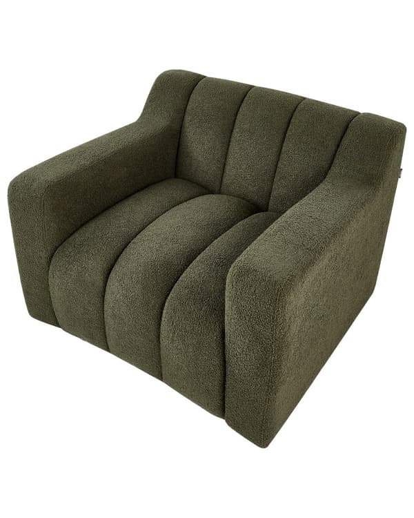 Lænestol mørkegrøn polstret boucle-lænestol med ryghynder i moderne designstil lounge-stol