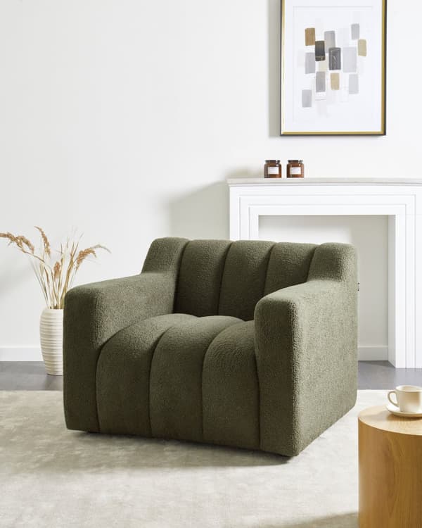 Lænestol mørkegrøn polstret boucle-lænestol med ryghynder i moderne designstil lounge-stol