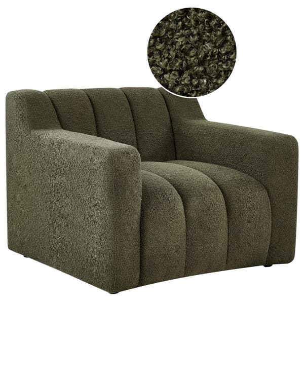 Lænestol mørkegrøn polstret boucle-lænestol med ryghynder i moderne designstil lounge-stol