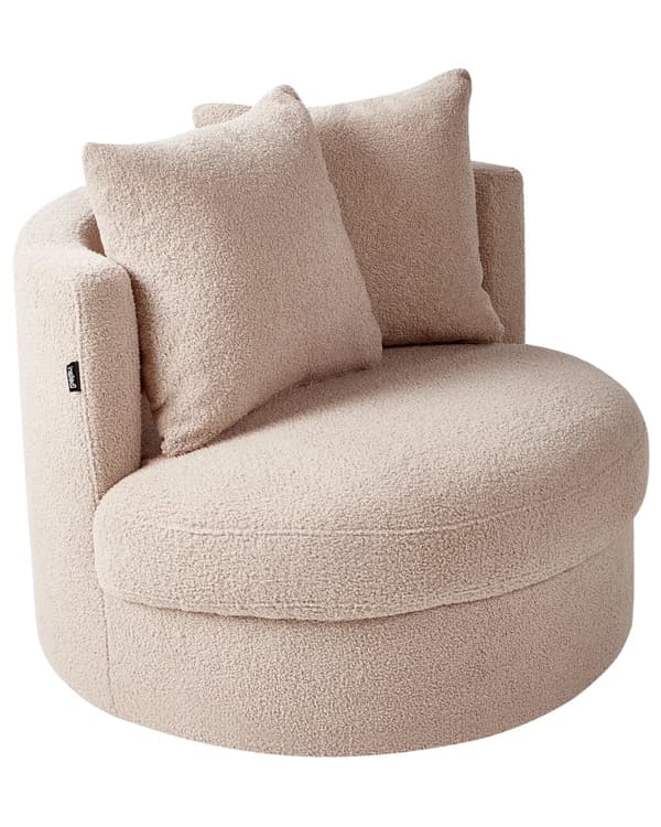 Fåtölj Beige Boucle Svängbar Järn Bas Två Kuddar Rund Rygg Modern Glam Stil Vardagsrum