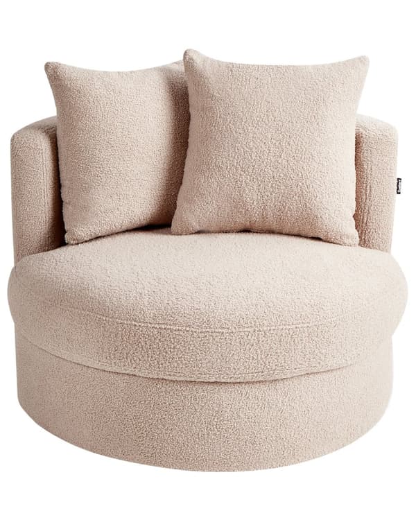 Fåtölj Beige Boucle Svängbar Järn Bas Två Kuddar Rund Rygg Modern Glam Stil Vardagsrum