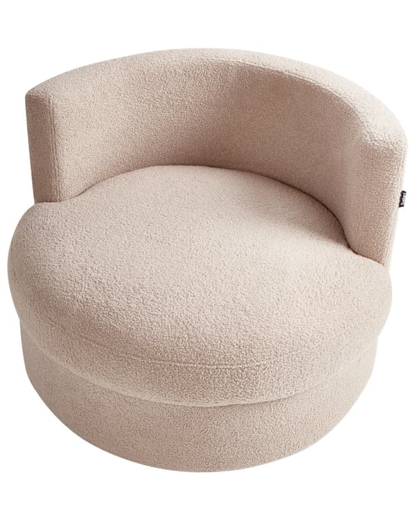 Fåtölj Beige Boucle Svängbar Järn Bas Två Kuddar Rund Rygg Modern Glam Stil Vardagsrum